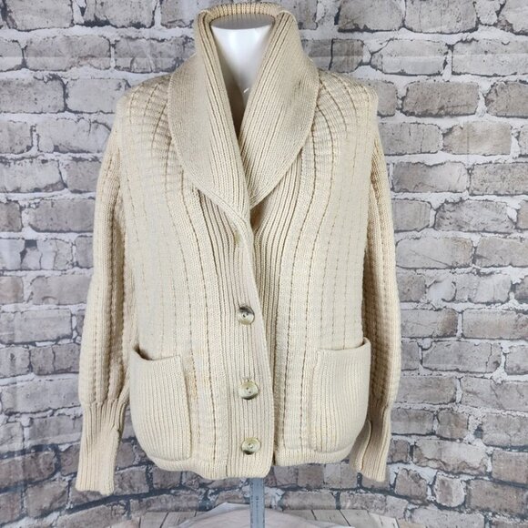 Vintage Virgin Wool Shawl Collar Cardigan Button Front Patch Pockets Cream Med - Picture 3 of 16